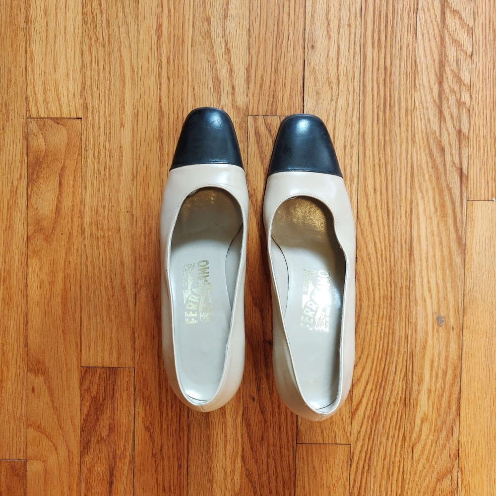 Salvatore ferragamo two tone block heel pumps